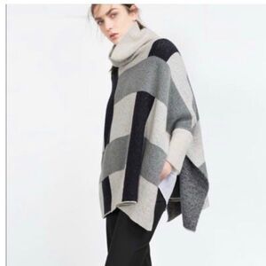 Zara Women's Multicolor Knit Poncho Sweater Cape Turtleneck M